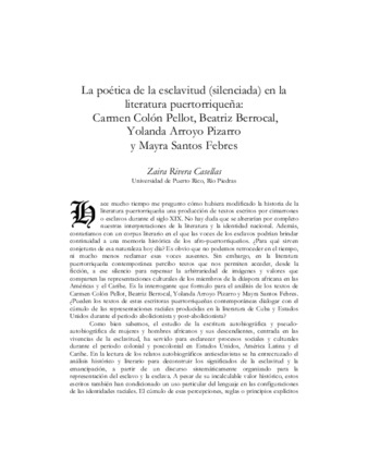 Article thumbnail: La poética de la esclavitud (silenciada) en la literatura puertorriqueña: Carmen Colón Pellot, Beatriz Berrocal, Yolanda Arroyo Pizarro y Mayra Santos Febres