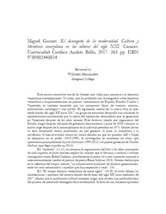 File thumbnail: Miguel Gomes, El desengaño de la modernidad: Cultura y literatura venezolana en los albores del siglo XXI