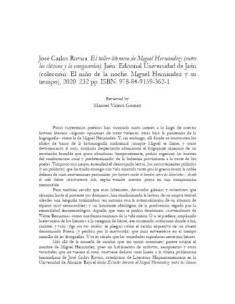 File thumbnail: José Carlos Rovira. El taller literario de Miguel Hernández: (entre los clásicos y la vanguardia)